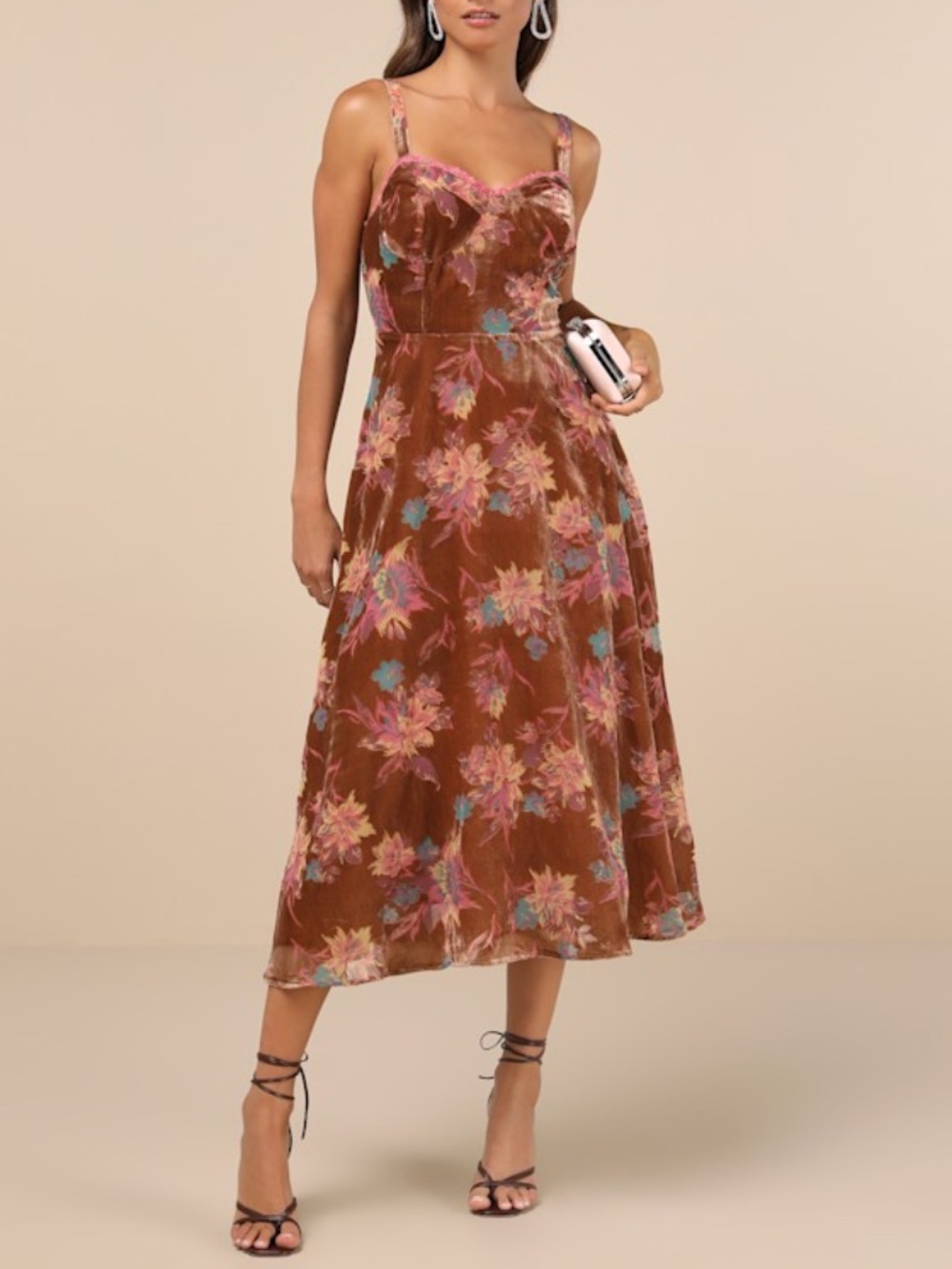 Lulus Coveted Grace Brown Velvet Burnout Bustier Midi Dress - Size M